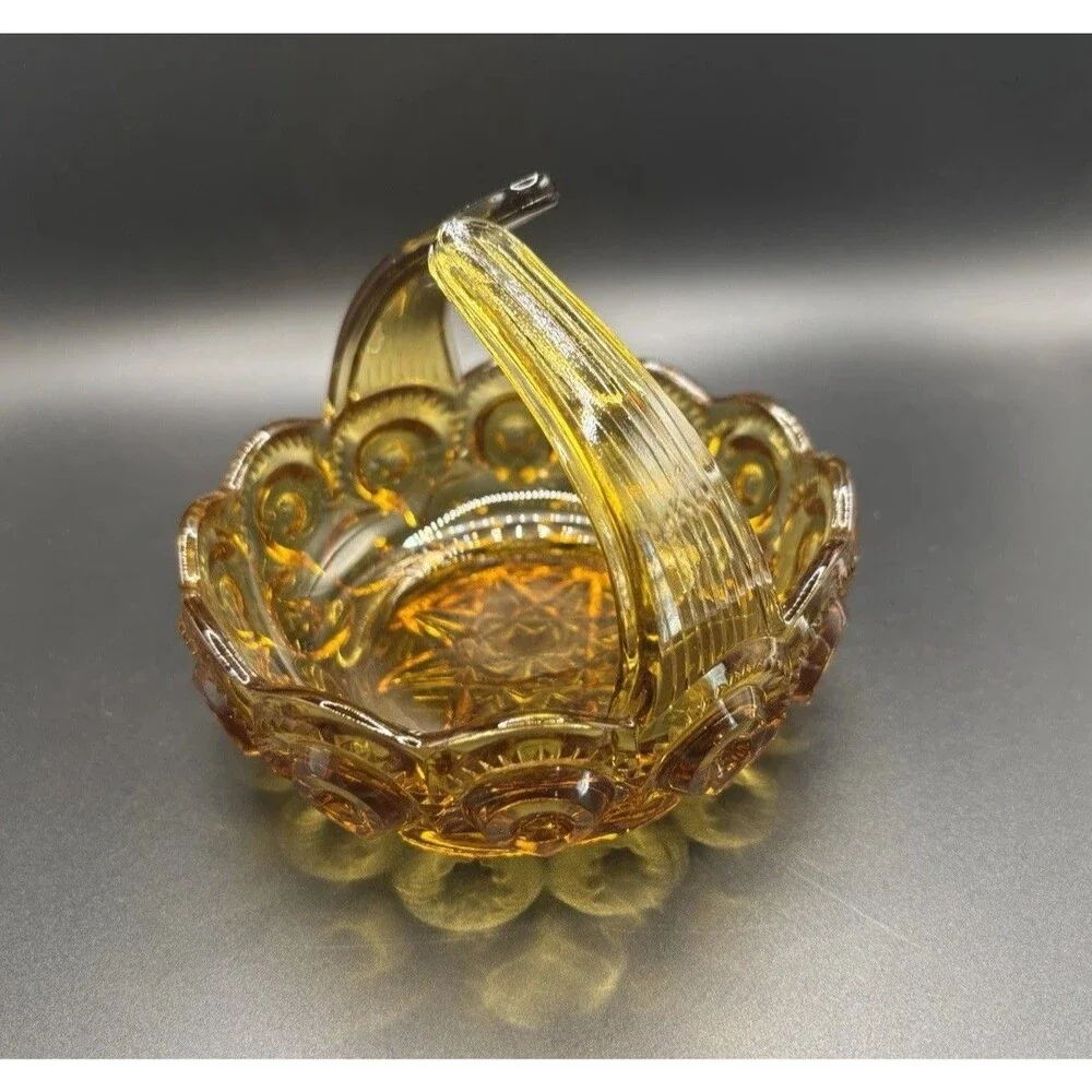 MOON & STARS L.E. Smith Amber Split Handle VTG Candy / Trinket Dish 5”